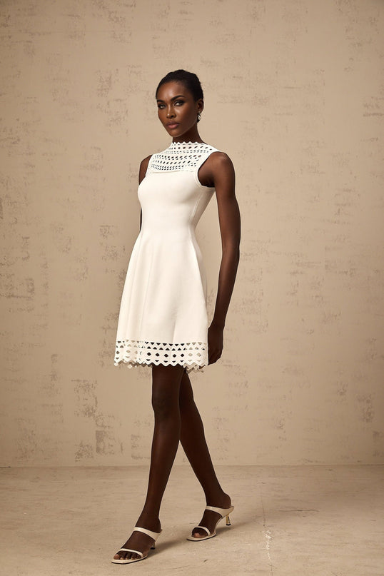 Kiara White Mini Dress Knitted Sleeveless Cut-Out Design Scalloped Hem Thigh-Length