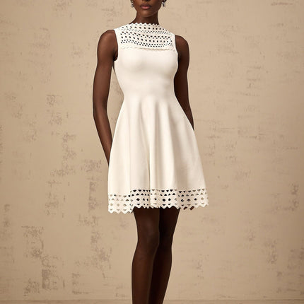 Kiara White Mini Dress Knitted Sleeveless Cut-Out Scalloped Hem Thigh-Length