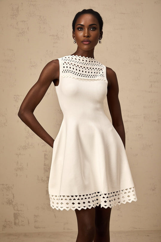 Kiara White Mini Dress with Cut-Out Design and Scalloped Hem