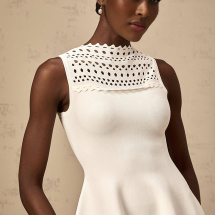 Kiara White Mini Dress Sleeveless Knitted Crew Neck Cut-Out Scalloped Hem Thigh-Length Women's Dress
