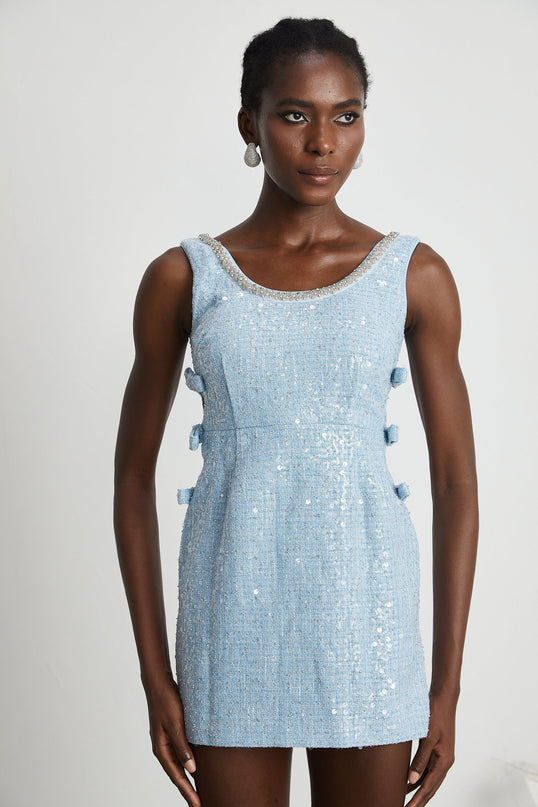 Kiera Blue Sequin Crystal Mini Dress Terylene Fiber Thigh-Length