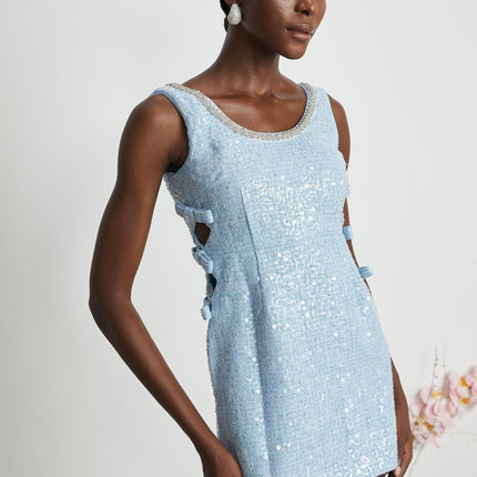 Kiera Blue Sequin Mini Dress with Crystal Embellishments and Cut-Out Design