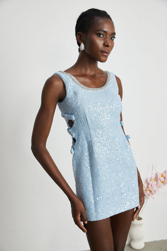 Kiera Blue Sequin Mini Dress with Crystal Embellishments and Cut-Out Design