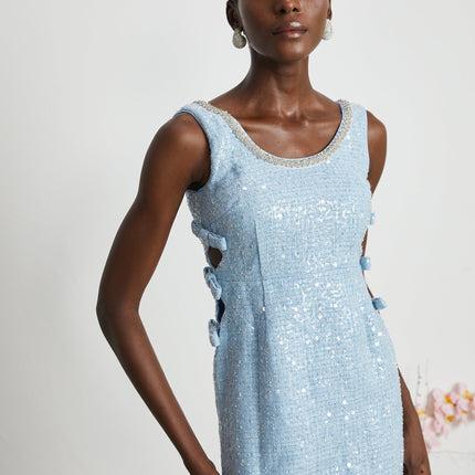 Kiera Blue Sequin Mini Dress with Crystal Embellishments and Cut-Out Design