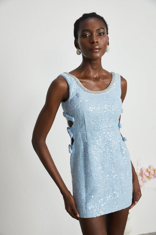 Kiera Blue Sequin Mini Dress with Crystal Embellishments and Cut-Out Design