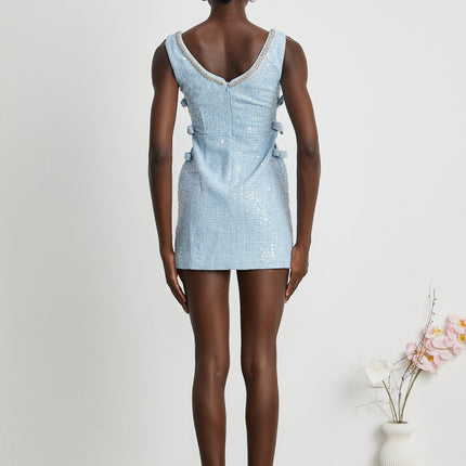 Kiera Blue Sequin Mini Dress with Crystal Embellishments and Cut-Out Design