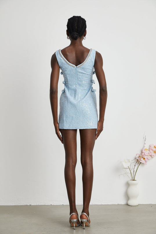Kiera Blue Sequin Mini Dress with Crystal Embellishments and Cut-Out Design