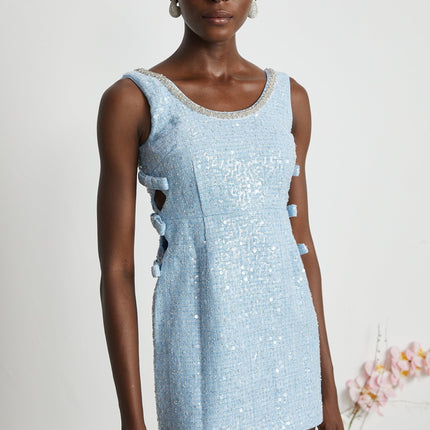 Kiera Blue Sequin Mini Dress with Crystal Embellishments and Cut-Out Design