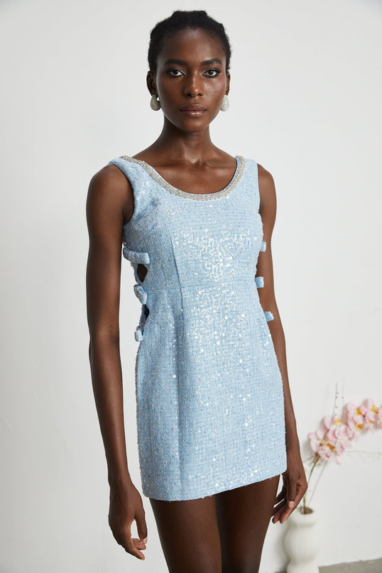Kiera Blue Sequin Mini Dress with Crystal Embellishments and Cut-Out Design