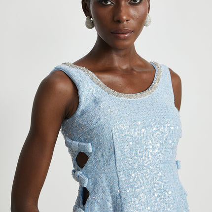 Kiera Blue Sequin Mini Dress with Crystal Embellishments and Cut-Out Design