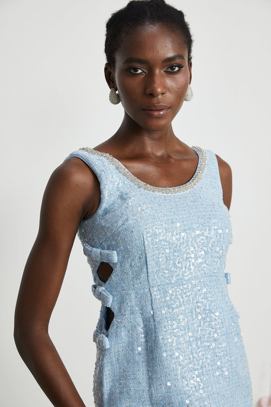 Kiera Blue Sequin Mini Dress with Crystal Embellishments and Cut-Out Design