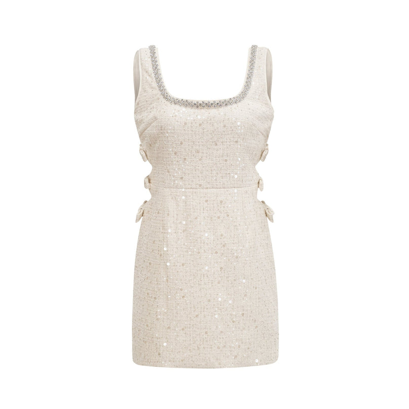 Kiera White Sequin Cut-out Mini Dress Rear Zip Fastening Crystal Front Embellishment Wide Sleeveless Straps Thigh-length Marvel