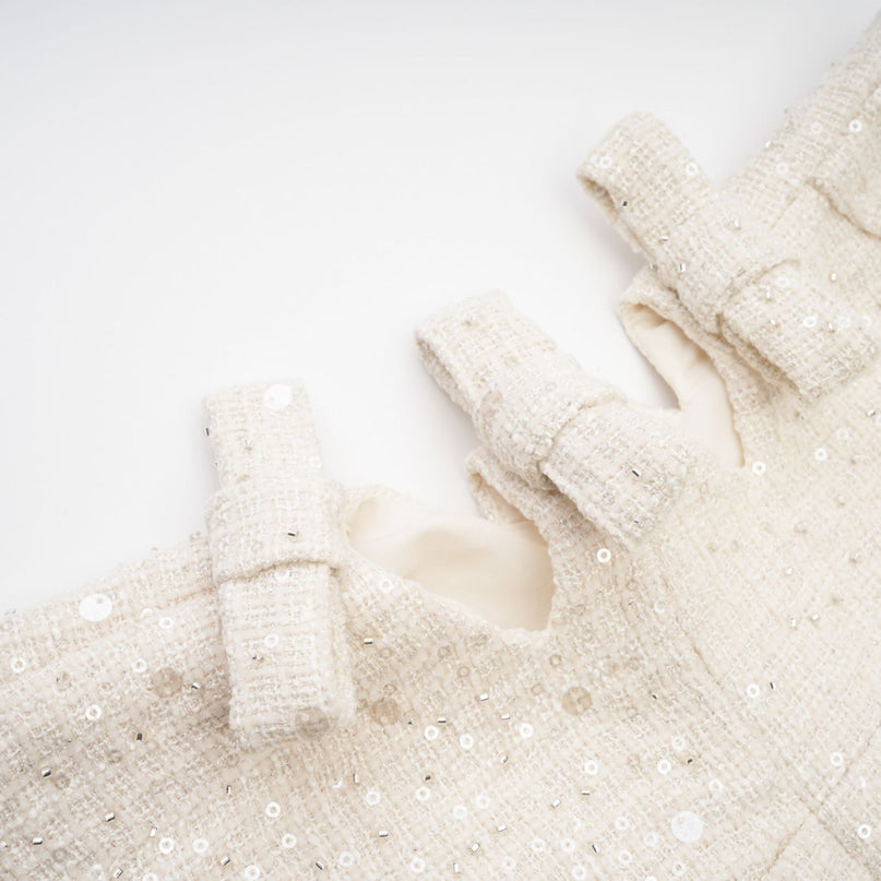 Kiera White Sequin Cut-out Mini Dress with Crystal Front Embellishment and Rear Zip Fastening