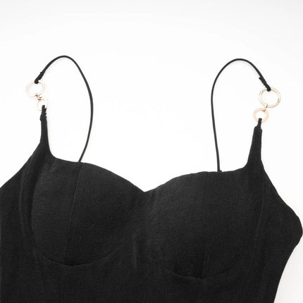 Kimberly Black Bustier Midi Dress Spaghetti Straps Rear Zip Fastening Rear Slit 5'10 Model Size M Polyester Spandex Luxury Style