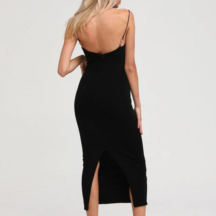 Kimberly Black Midi Dress with Bustier Off-Shoulder Design and Spaghetti Straps