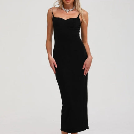 Kimberly Black Midi Dress with Bustier Off-Shoulder Design Spaghetti Straps and Rear Slit