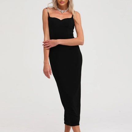 Kimberly Black Midi Dress Spaghetti Straps Rear Zip Bustier Style Rear Slit 5'10 Model Size M Polyester Spandex Luxury Style