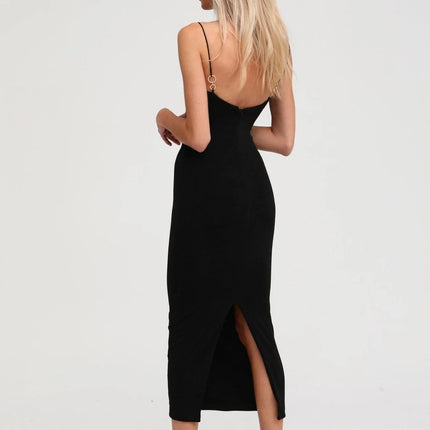 Kimberly Black Midi Dress with Bustier Off-Shoulder Design Spaghetti Straps and Rear Slit