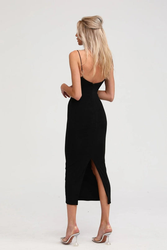 Kimberly Black Midi Dress with Bustier Off-Shoulder Design Spaghetti Straps and Rear Slit