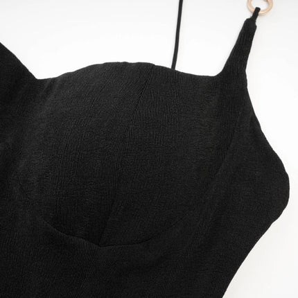 Kimberly Black Midi Dress with Bustier Off-Shoulder Design Spaghetti Straps and Rear Slit
