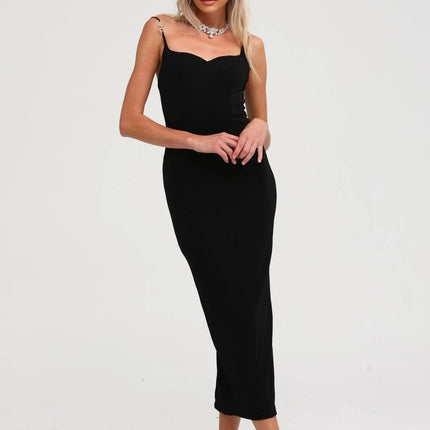 Kimberly Black Midi Dress Spaghetti Straps Rear Zip Fastening Rear Slit 5'10 Model Size M