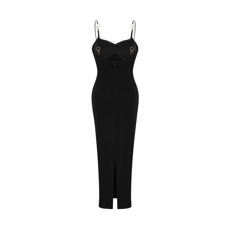 Kimberly Black Midi Dress with Bustier Off-Shoulder Design Spaghetti Straps and Rear Slit