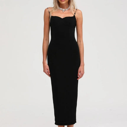 Kimberly Black Bustier Off-Shoulder Midi Dress Spaghetti Straps Rear Slit 5'10 Model Size M