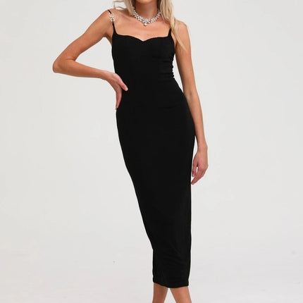 Kimberly Black Midi Dress with Bustier Off-Shoulder Design Spaghetti Straps and Rear Slit on 5'10 Model Size M