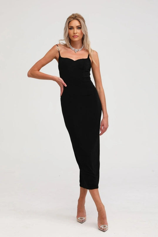 Kimberly Black Midi Dress with Bustier Off-Shoulder Design Spaghetti Straps and Rear Slit on 5'10 Model Size M