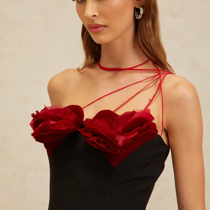 Kimberly Black and Red 3D Heart Flare Mini Dress Halterneck Sleeveless Cross-Over Spaghetti Straps Rear Zip Closure 100% Terylene Fiber