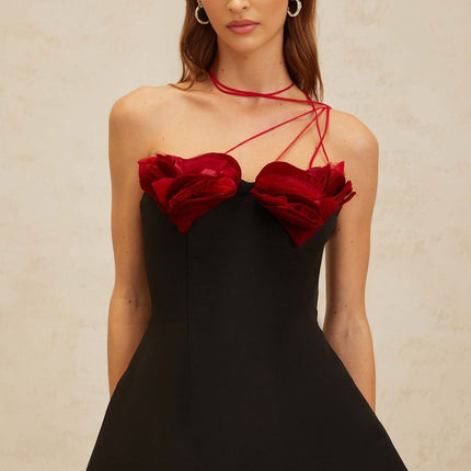 Kimberly Black Red 3D Heart Halterneck Mini Dress