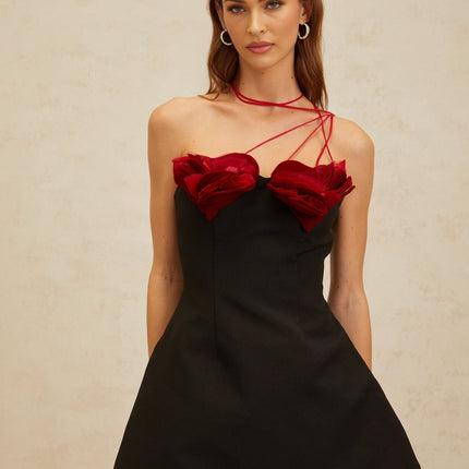 Kimberly Black and Red 3D Heart Mini Dress Sleeveless Halterneck Spaghetti Straps