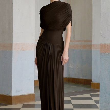 Kimberly Brown Elegant Maxi Dress with Asymmetric Pleats and Draped Details