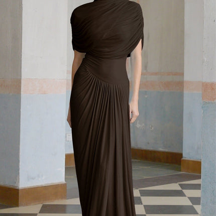 Kimberly Brown Maxi Dress with Asymmetric Pleats and Shawl Neckline in Polyamide Elastane Blend