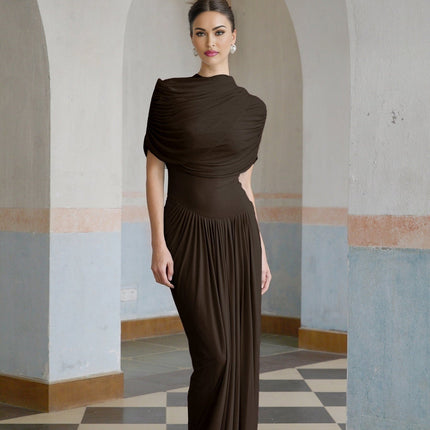 Kimberly Brown Maxi Dress with Asymmetric Pleats and Draped Details