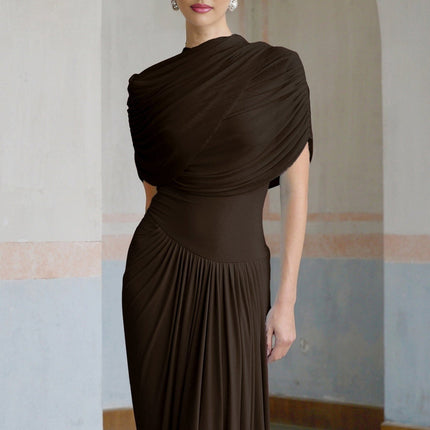 Kimberly Brown Maxi Dress with Asymmetric Pleats and Draped Details