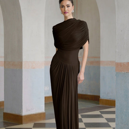 Kimberly Brown Maxi Dress with Asymmetric Pleats and Draped Details