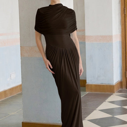 Kimberly Brown Maxi Dress with Asymmetric Pleats and Draped Details