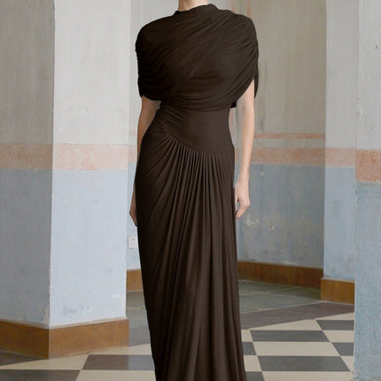 Kimberly Brown Maxi Dress with Asymmetric Pleats and Draped Details