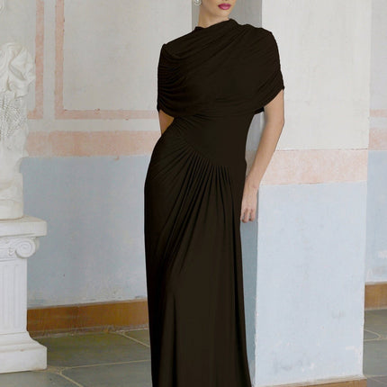 Kimberly Brown Maxi Dress Elegant Shawl Neckline Pleats Sleeveless Floor-Length Opulent Craftsmanship