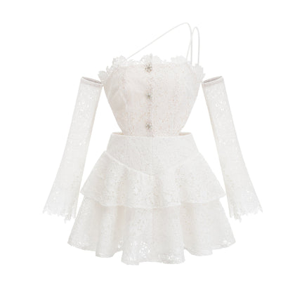 Kimberly White Lace Cut Out Mini Dress Ruffle Hem