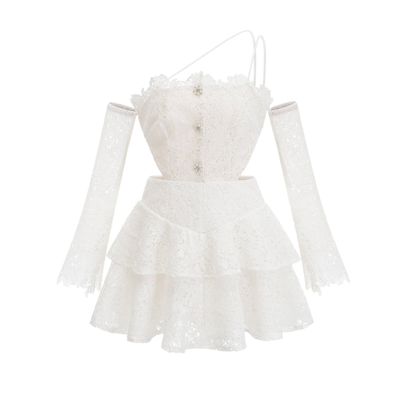 Kimberly White Lace Cut Out Mini Dress Ruffle Hem