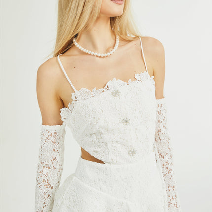 Kimberly White Lace Cut Out Ruffle Hem Mini Dress