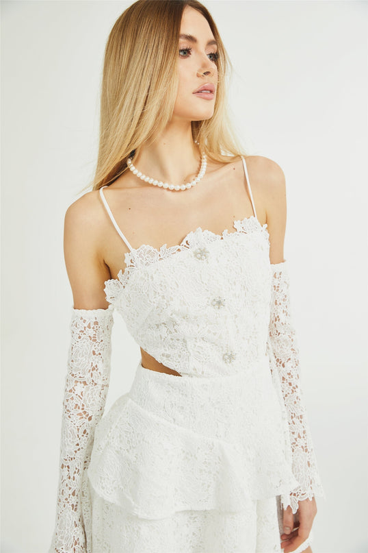 Kimberly White Lace Cut Out Ruffle Hem Mini Dress