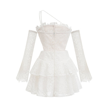 Kimberly White Lace Cut Out Ruffle Hem Mini Dress