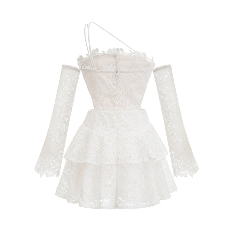 Kimberly White Lace Cut Out Ruffle Hem Mini Dress