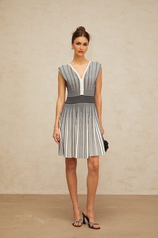Kimora Black and White Stripe Mini Dress with V-Neck and Shirred Panel