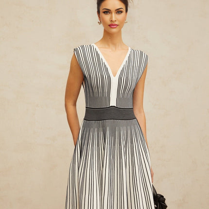 Kimora Black and White Striped Mini Dress with V-Neck and Shirred Panel