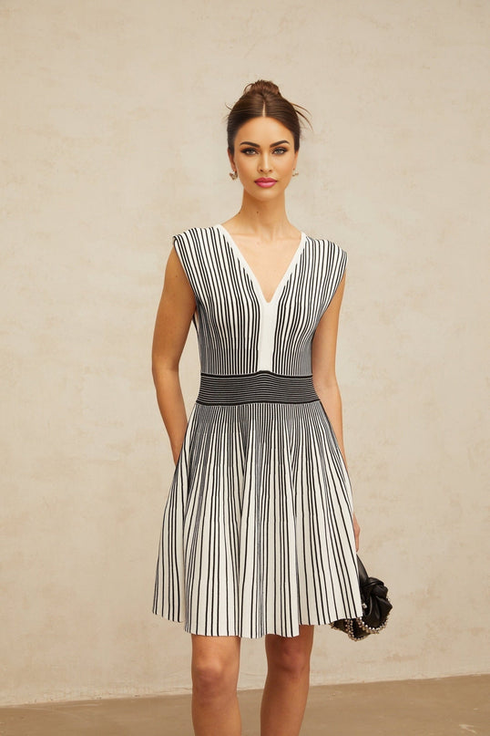 Kimora Black and White Striped Mini Dress with V-Neck and Shirred Panel