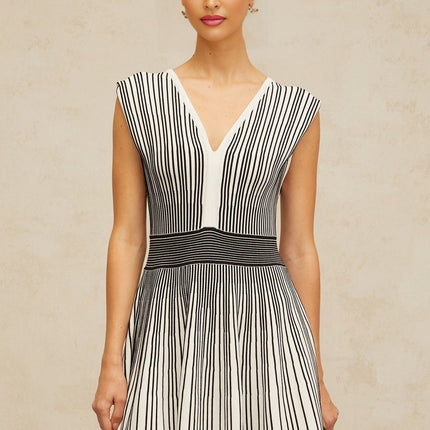 Kimora Black and White Vertical Stripe Knit Mini Dress with V-Neck and Shirred Panel